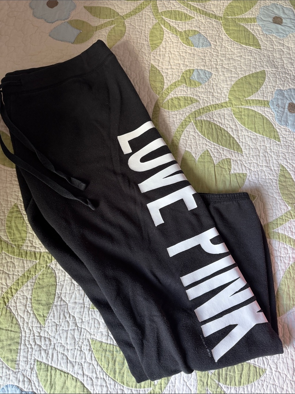 PINK Victoria's Secret Black Track Pants with White 'LOVE PINK' Logo